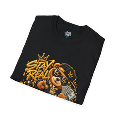 Stay Real Bear Unisex Tee — Streetwear Graphic T‑Shirt with Cash & Crown Design