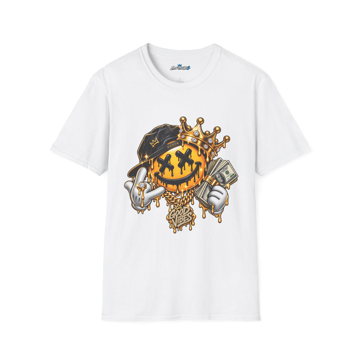 Smiley King Graphic Unisex T-Shirt — Streetwear Crowned Emoji with Money & Bling