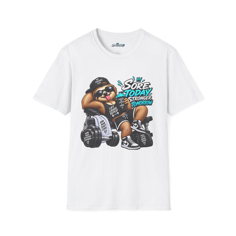 Workout Sloth Unisex T‑Shirt — “Sore Today, Stronger Tomorrow” Gym Tee