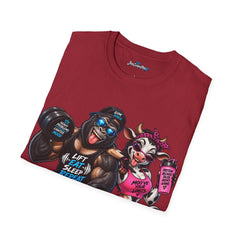 Gym Buddies Graphic Unisex T-Shirt — "Lift Eat Sleep Repeat" Fitness Ape & Cow Design