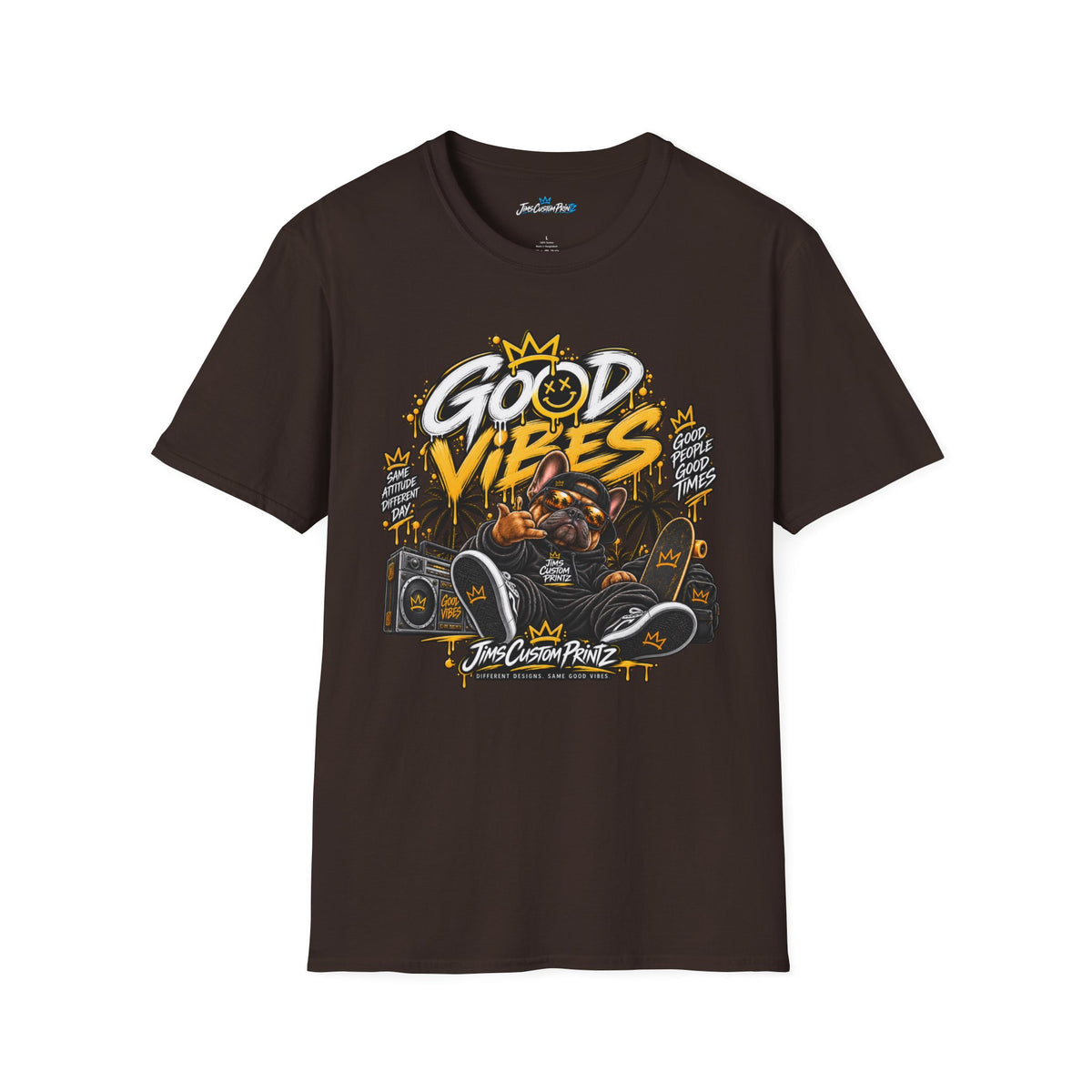 Good Vibes Graphic T-Shirt — Tropical Palm Sunset Tee with Crowned Smiley Unisex