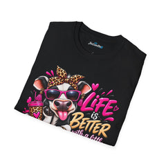Life Is Better Cow Graphic T-Shirt — Leopard Bandana, Sunglasses & Pink Neon Design