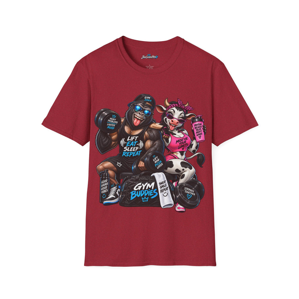 Gym Buddies Graphic Unisex T-Shirt — "Lift Eat Sleep Repeat" Fitness Ape & Cow Design
