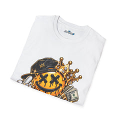 Smiley King Graphic Unisex T-Shirt — Streetwear Crowned Emoji with Money & Bling
