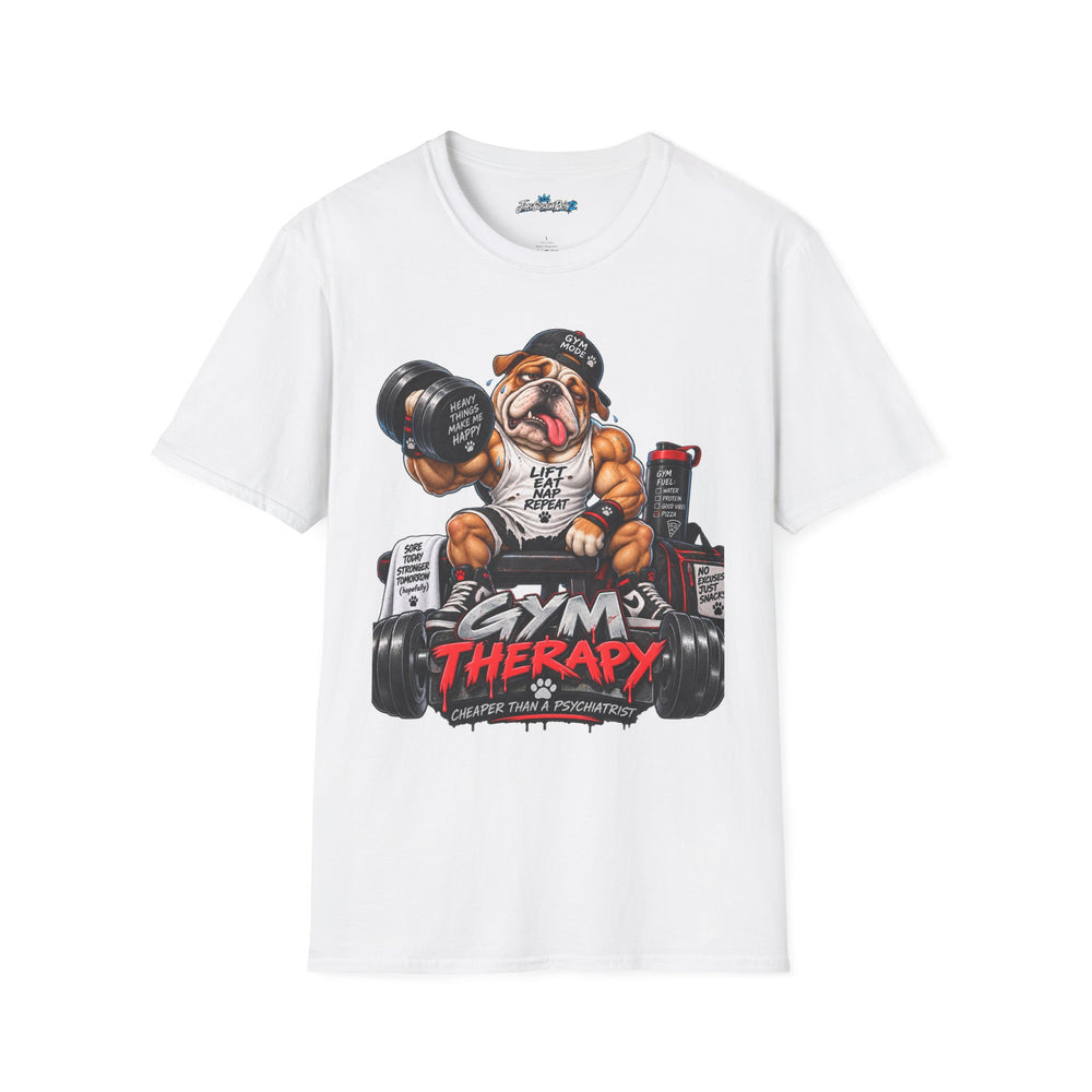 Gym Therapy Unisex Bulldog T-Shirt — Lift, Eat, Nap, Repeat Workout Tee