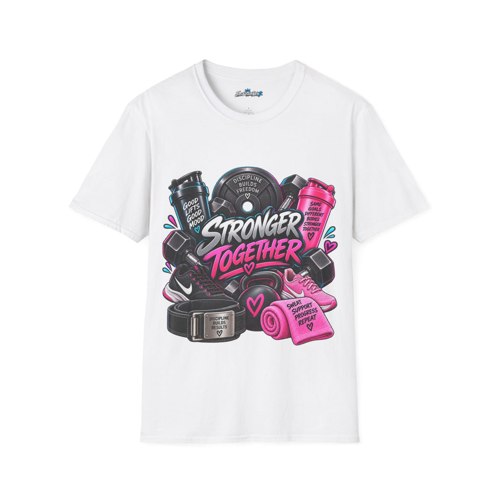 Stronger Together Unisex Gym T-Shirt — Fitness Weights & Shaker Bottle Design