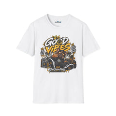 Good Vibes Graphic T-Shirt — Tropical Palm Sunset Tee with Crowned Smiley Unisex