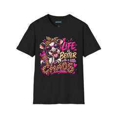 Life Is Better Cow Graphic T-Shirt — Leopard Bandana, Sunglasses & Pink Neon Design